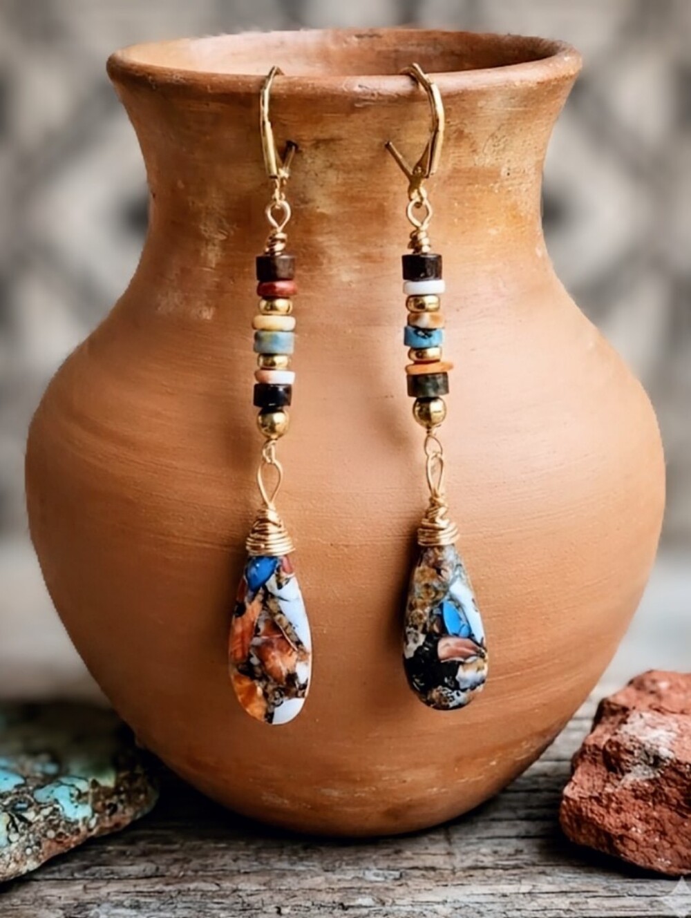 Genuine Turquoise & Spiny Oyster In Artisan Handmade Gold Plated Long Earrings